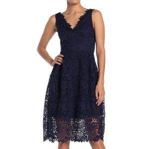 NWOT Astr Lace Fit & Flare V-Neck Dress in Navy Blue Size M